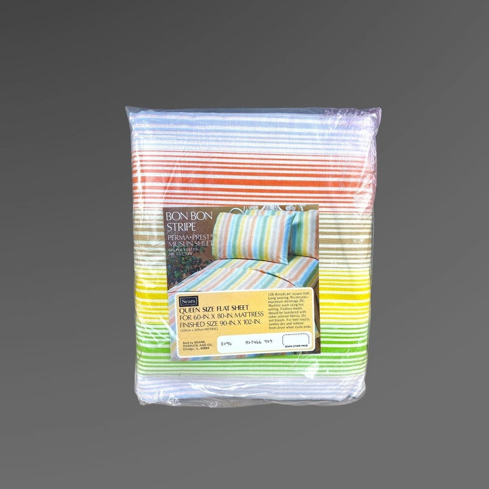 Sears Bon Bon Stripe Perma-Prest Muslin FLAT Sheet QUEEN NOS Unopened Pkg Stripe